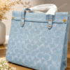 Luxury Sky Blue Monogram Tote Bag for Women | Elegant Denim Textured Handbag