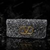Valentino Inspired Silver Sequin Party Clutch with Gold V Logo