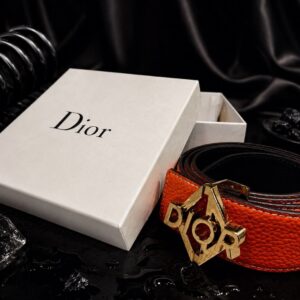 Luxury Orange Leather Belt with Dior Buckle