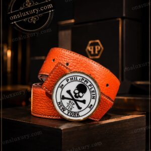 Philipp Plein Orange Premium Leather Belt – Luxury Designer Buckle